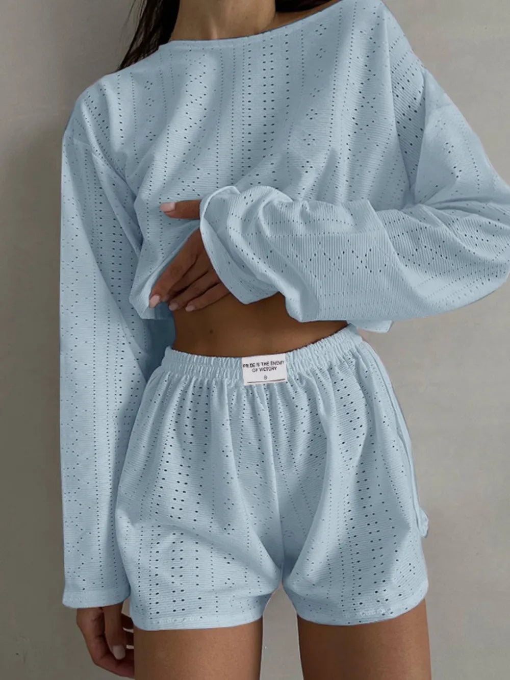 Eyelet Round Neck Top Shorts Set (3)