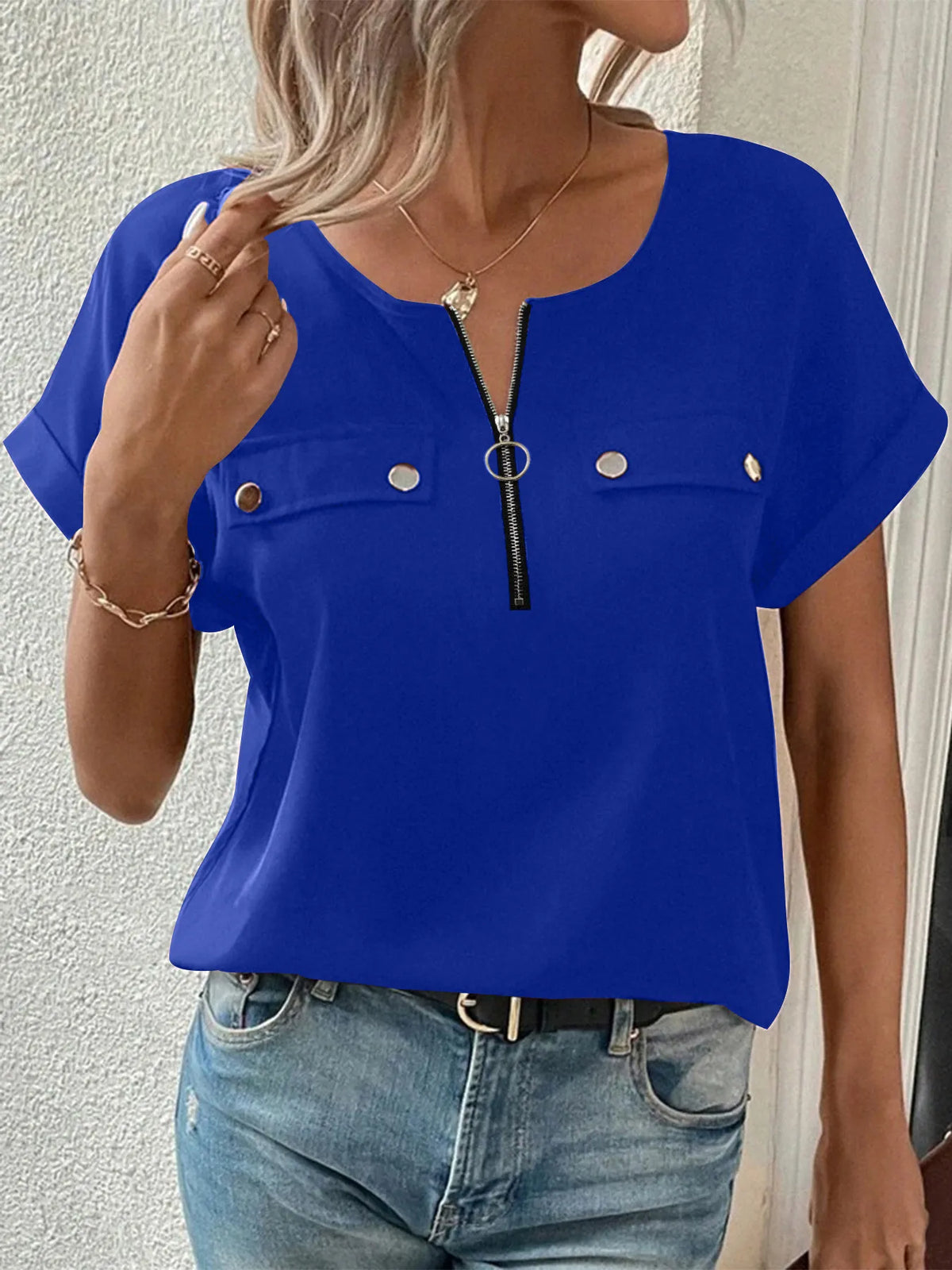 Casual Zipper Front Short Sleeve Blouse (10)