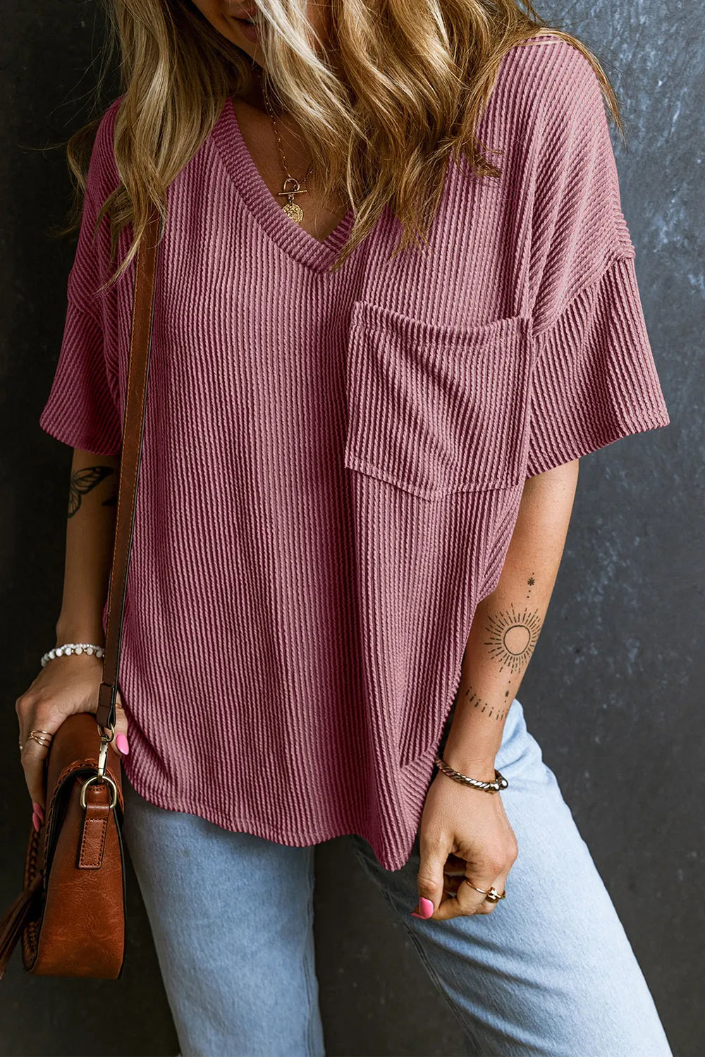 Textured V-neck Dropped Shoulder T-shirt (26)