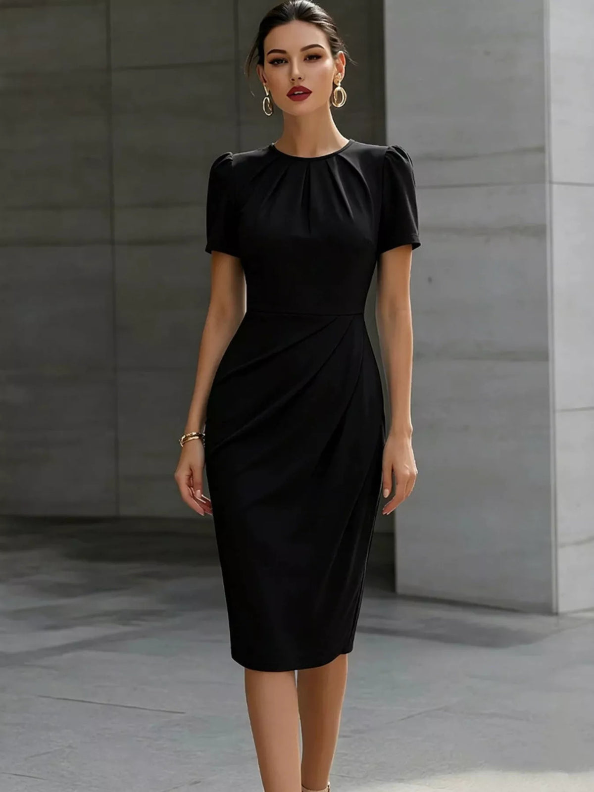 Ruched Short Sleeve Midi Dress (10)