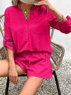Notched Long Sleeve Top Shorts Set (15)