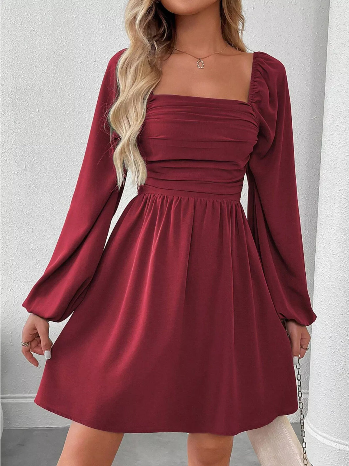 Ruched Square Neck Long Sleeve A-line Dress (5)