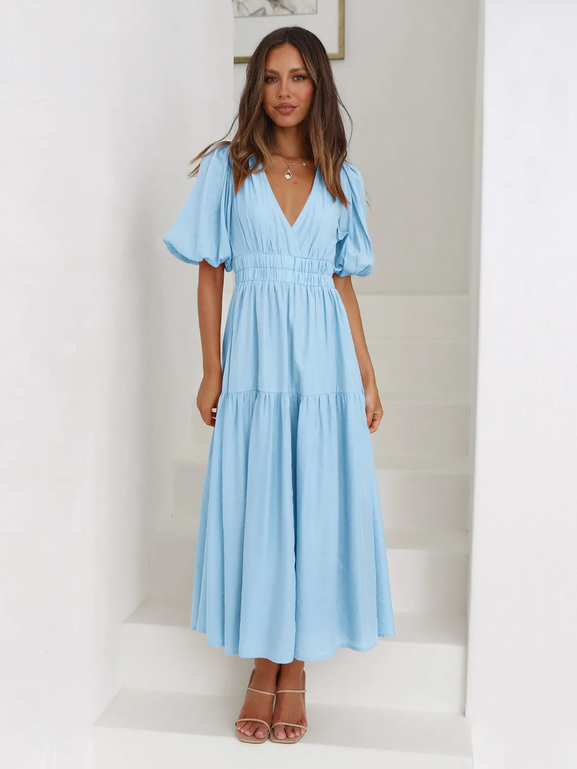 Surplice Half Puff Sleeve Midi Dress (11)