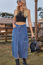 Slit Front Midi Denim Skirt Pockets (4)