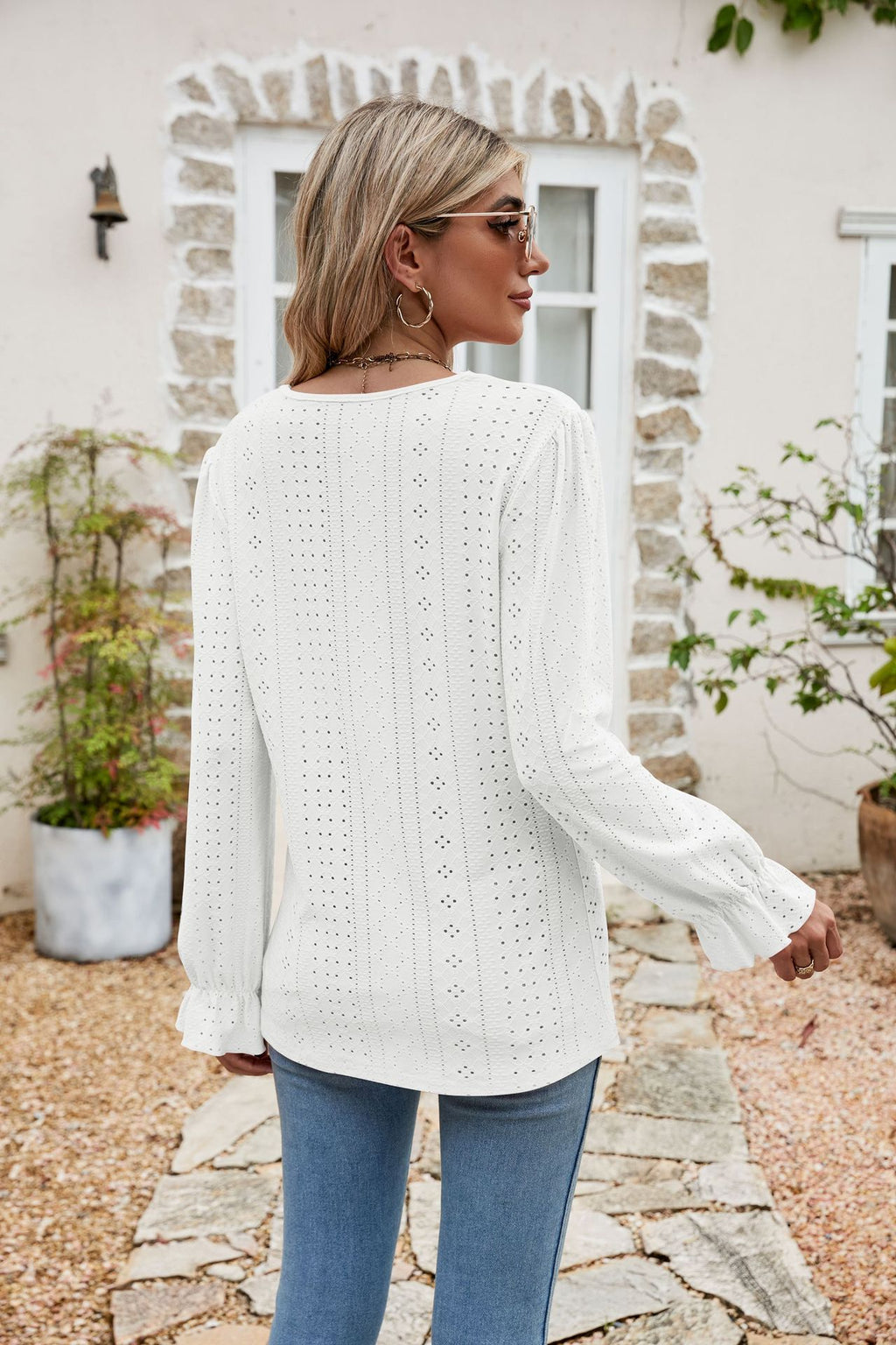 Eyelet Lace Trim Flounce Sleeve Blouse (21)