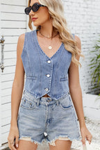 Button Down V-neck Denim Vest (13)