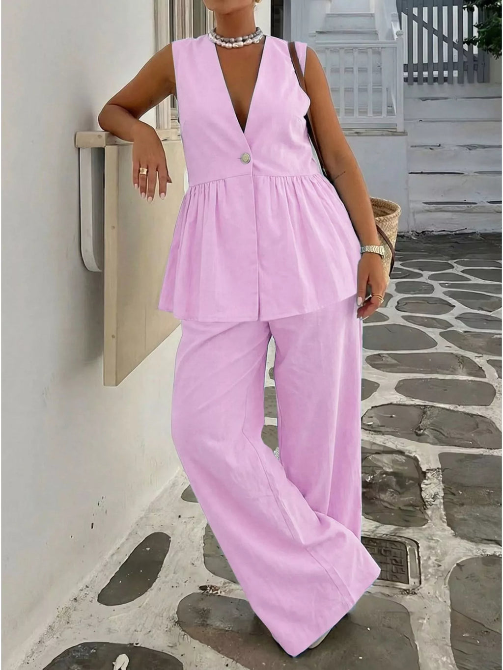 V-neck Sleeveless Peplum Top Wide-leg Pants Set (6)