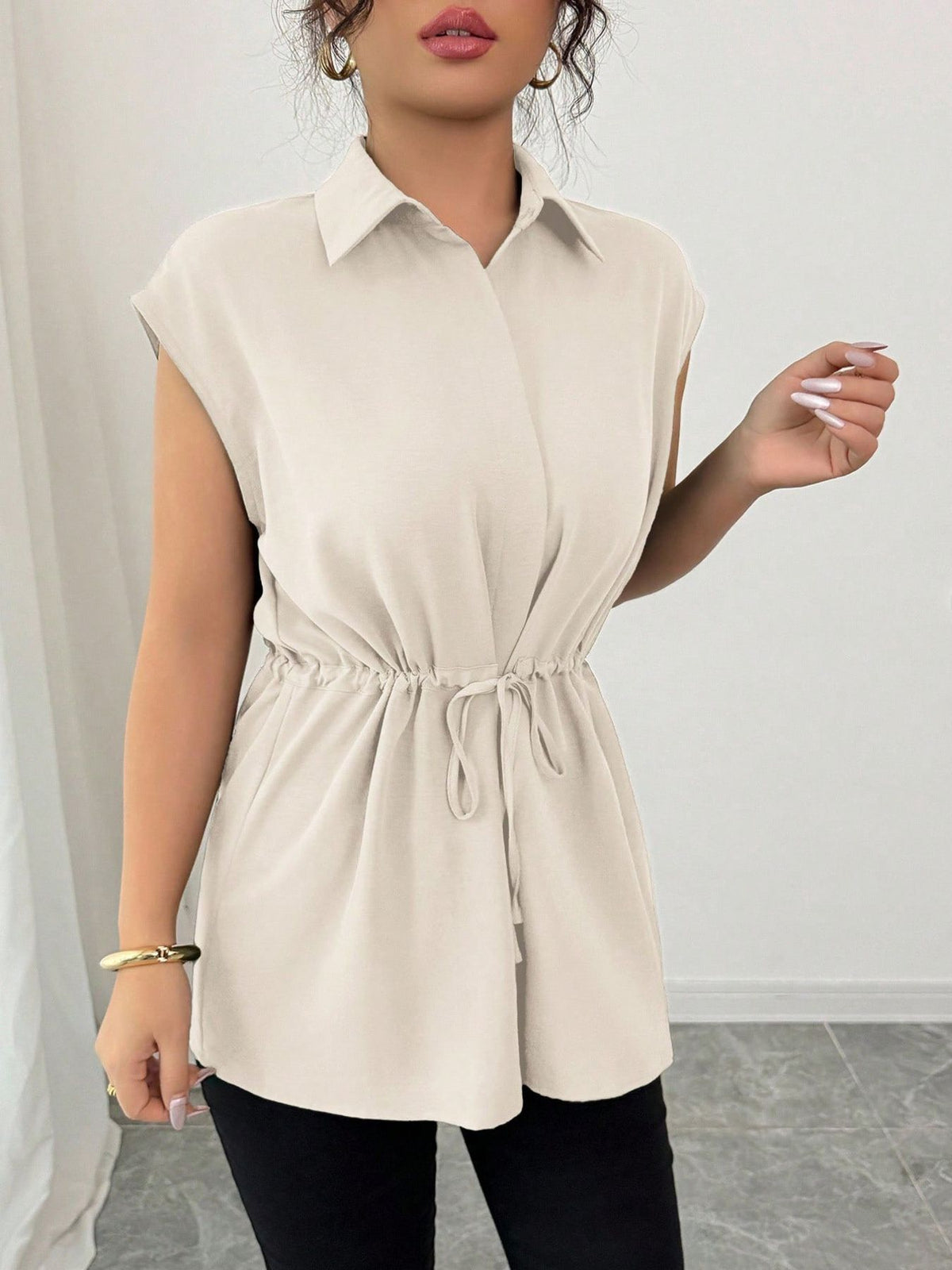 Drawstring Waist Cap Sleeve Shirt (5)