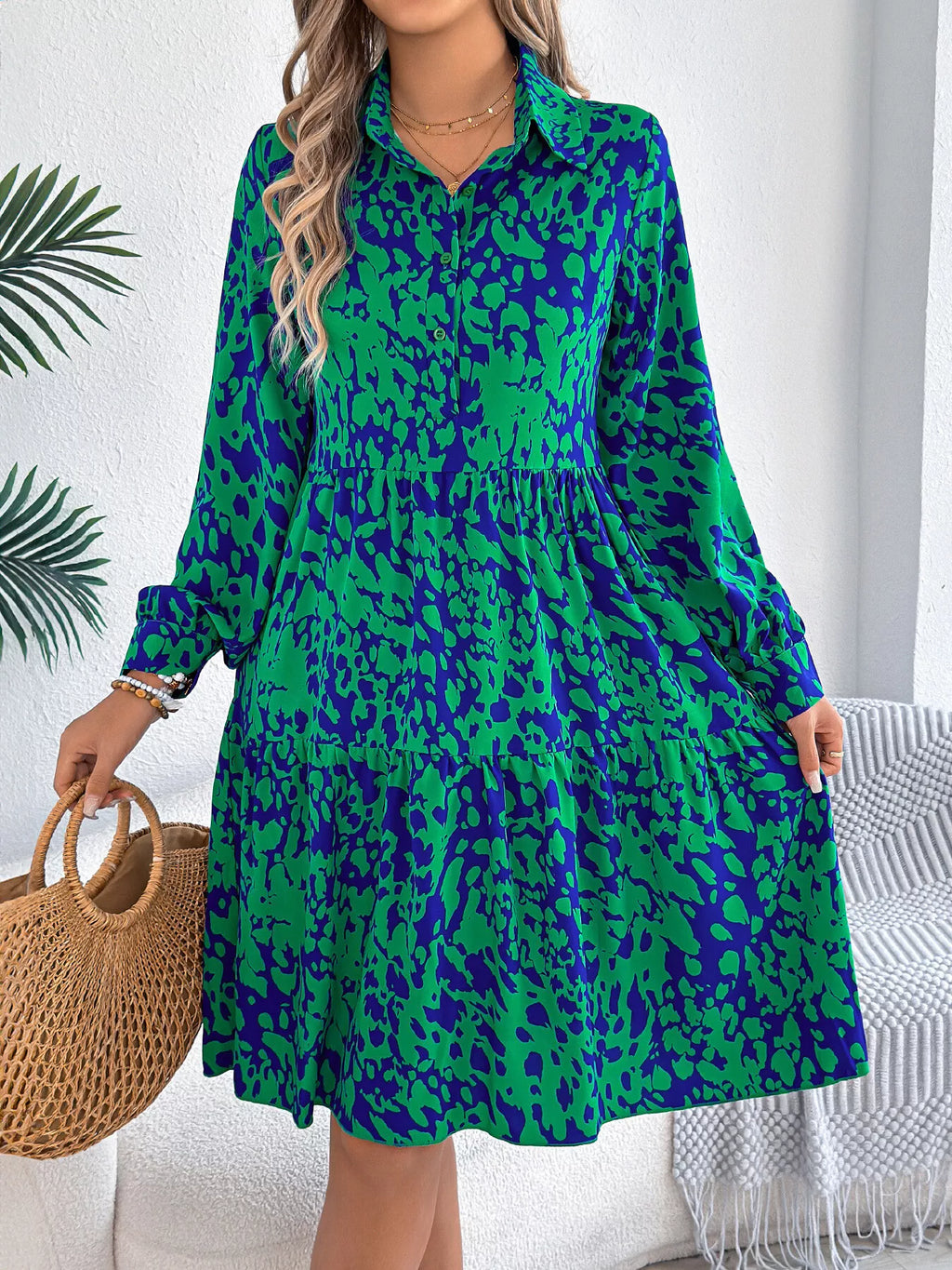 Printed Collared Neck Long Sleeve Dress (5)