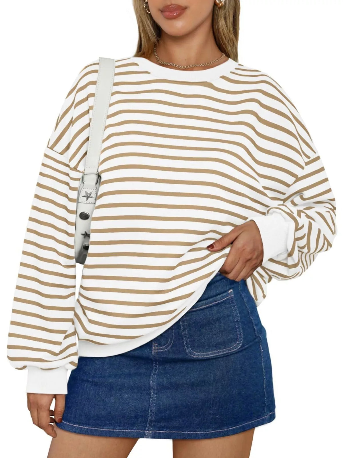 Striped Round Neck Oversized Casual Sweatshirt (25)