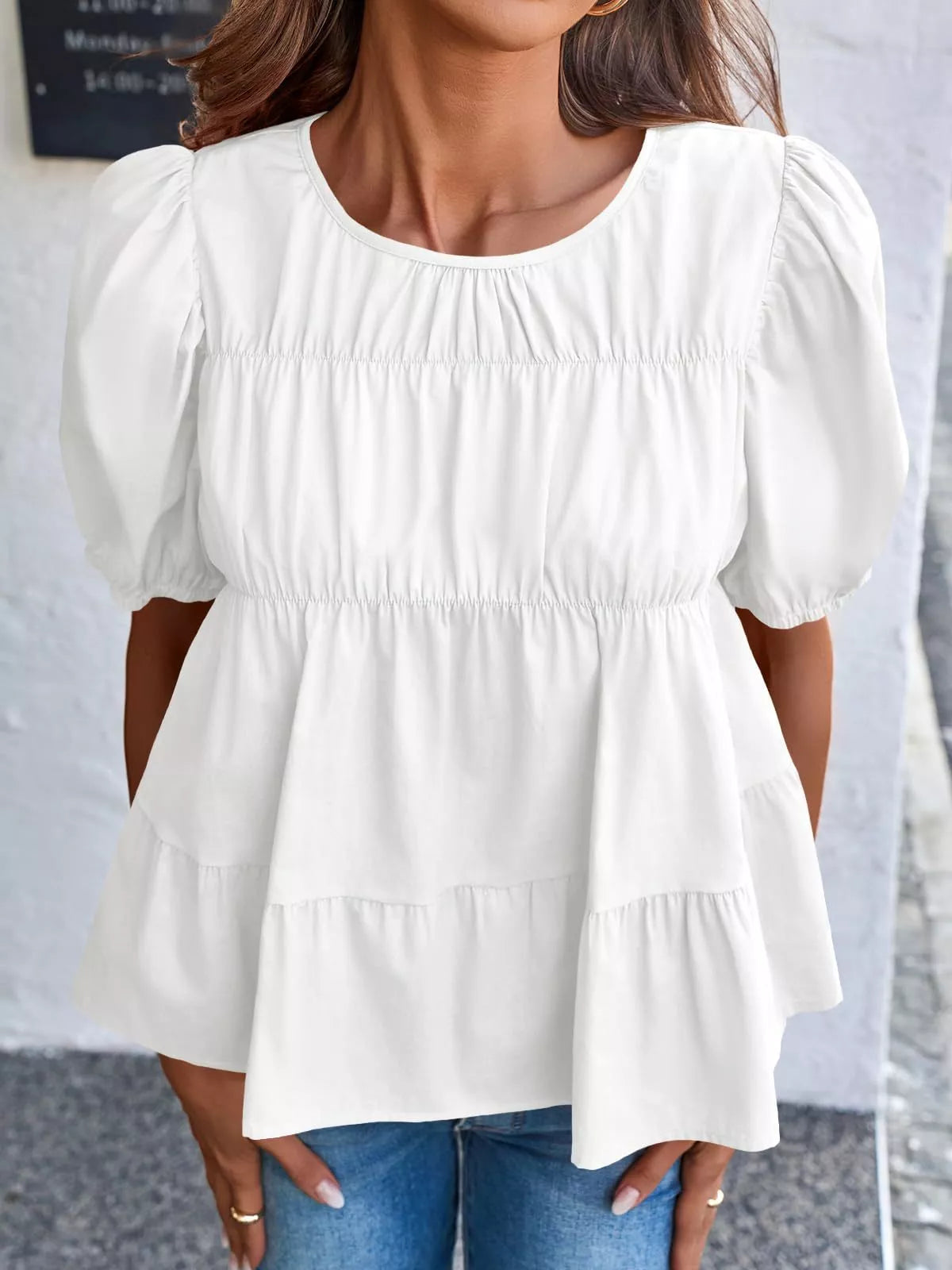 Ruched Tiered Puff Sleeve Blouse (4)