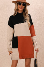 Block Mock Neck Dropped Shoulder Sweater Dress