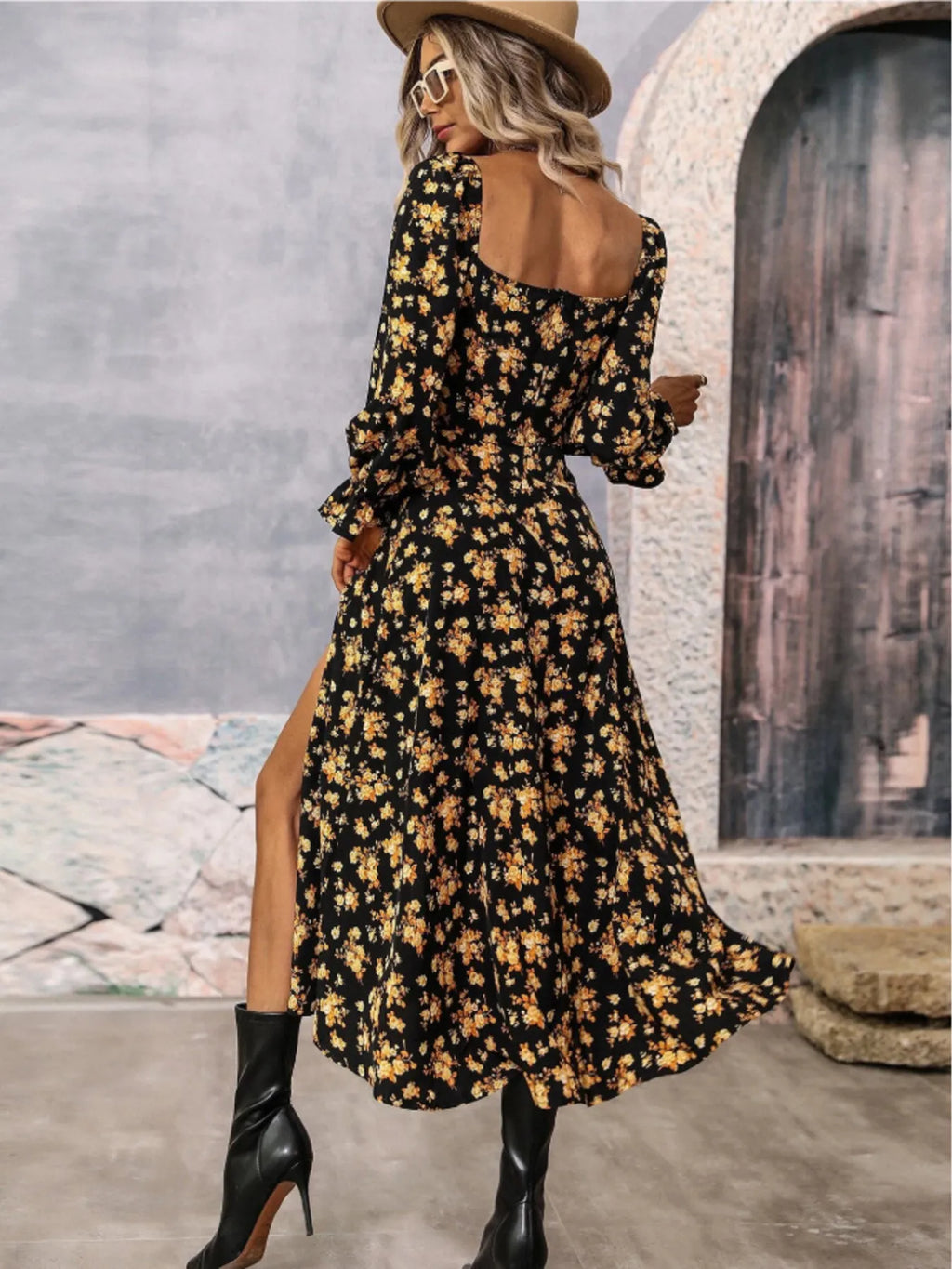 Floral Print Square Neck Flounce Sleeve Dress Side Slit (9)