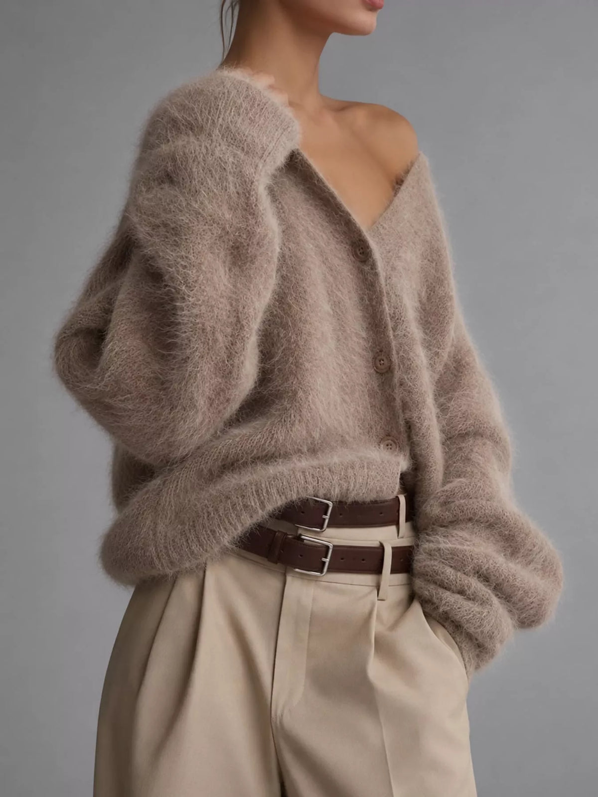Fuzzy V-neck Button-down Cardigan (15)