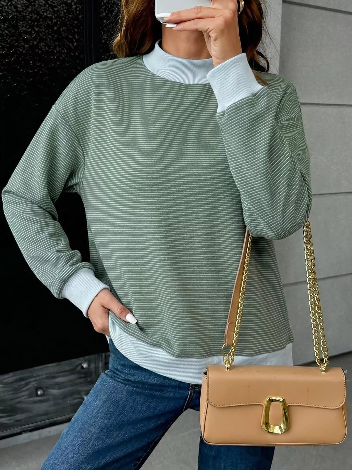 Casual Mock Neck Striped Long Sleeve T-shirt (2)