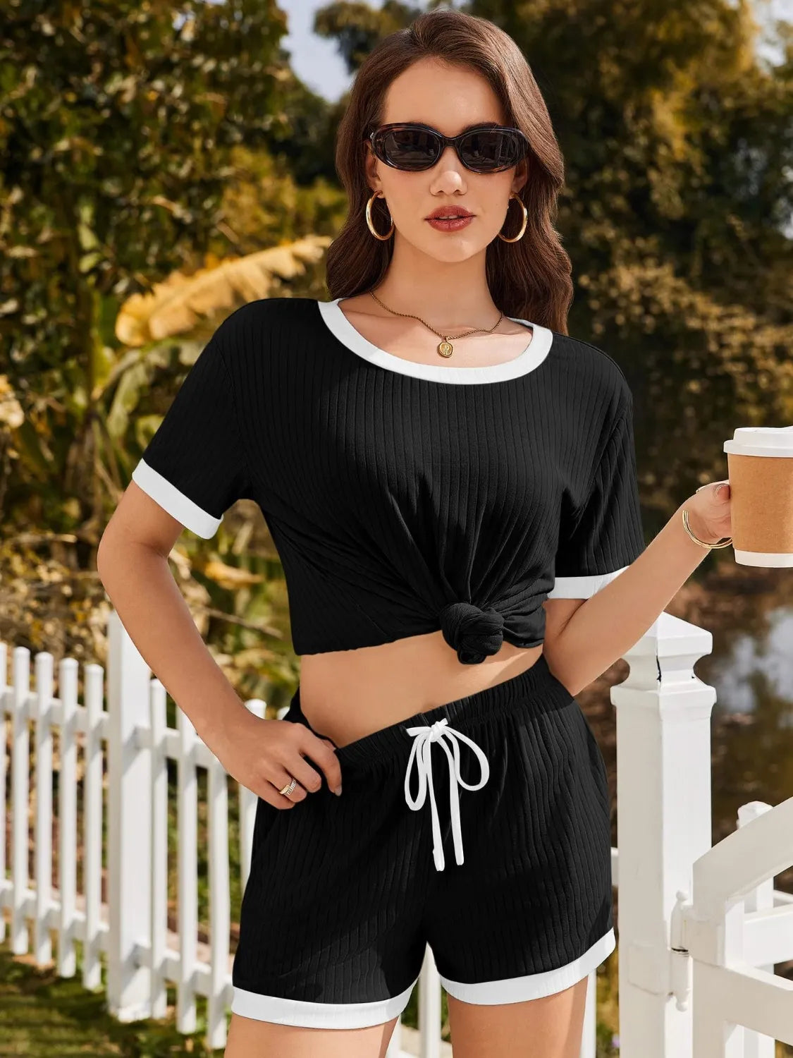 Ribbed Short Sleeve Top Shorts Set (9)