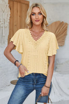 Eyelet Applique V-neck Cap Sleeve T-shirt (19)