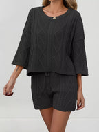 Cable Knit Round Neck Top Shorts Sweater Set (7)