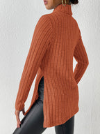 Ribbed Turtleneck Long Sleeve Slit T-shirt (16)