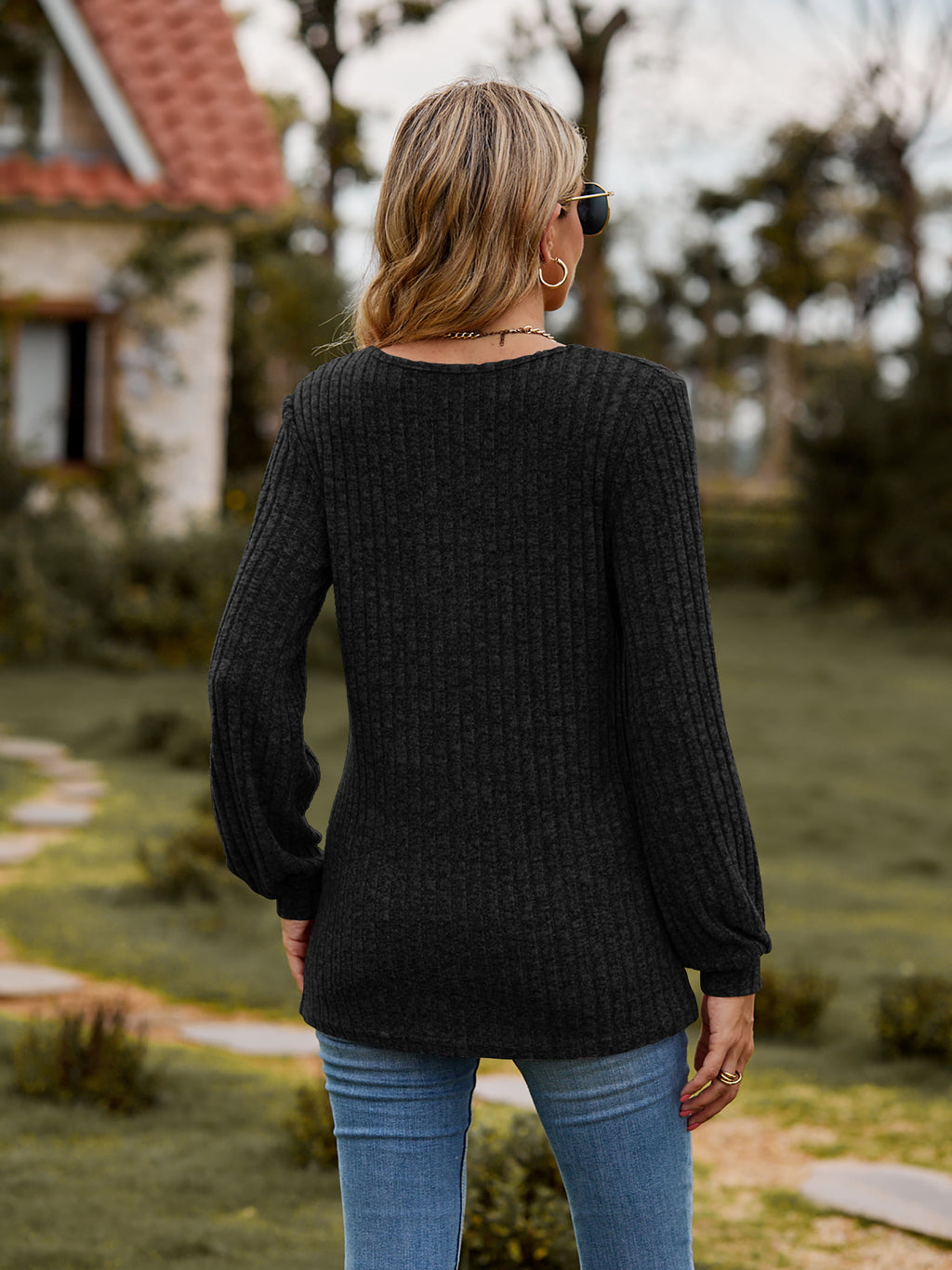 Round Neck Button-down Long Sleeve Tee (20)