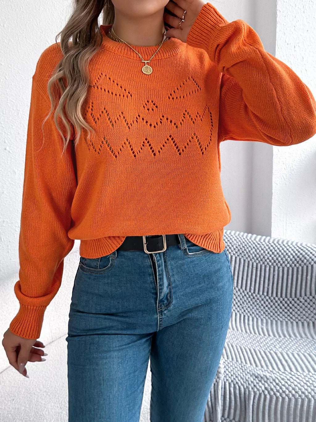 Openwork Round Neck Long Sleeve Sweater (4)