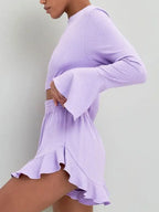 Round Neck Long Sleeve Top Ruffled Shorts Set (2)