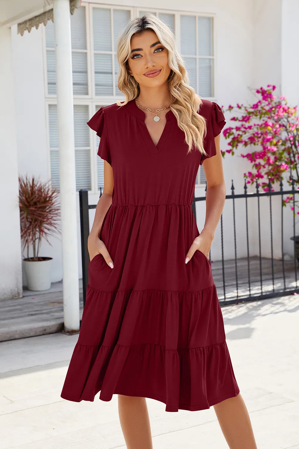 Ruched Notched Cap Sleeve Dress (18)