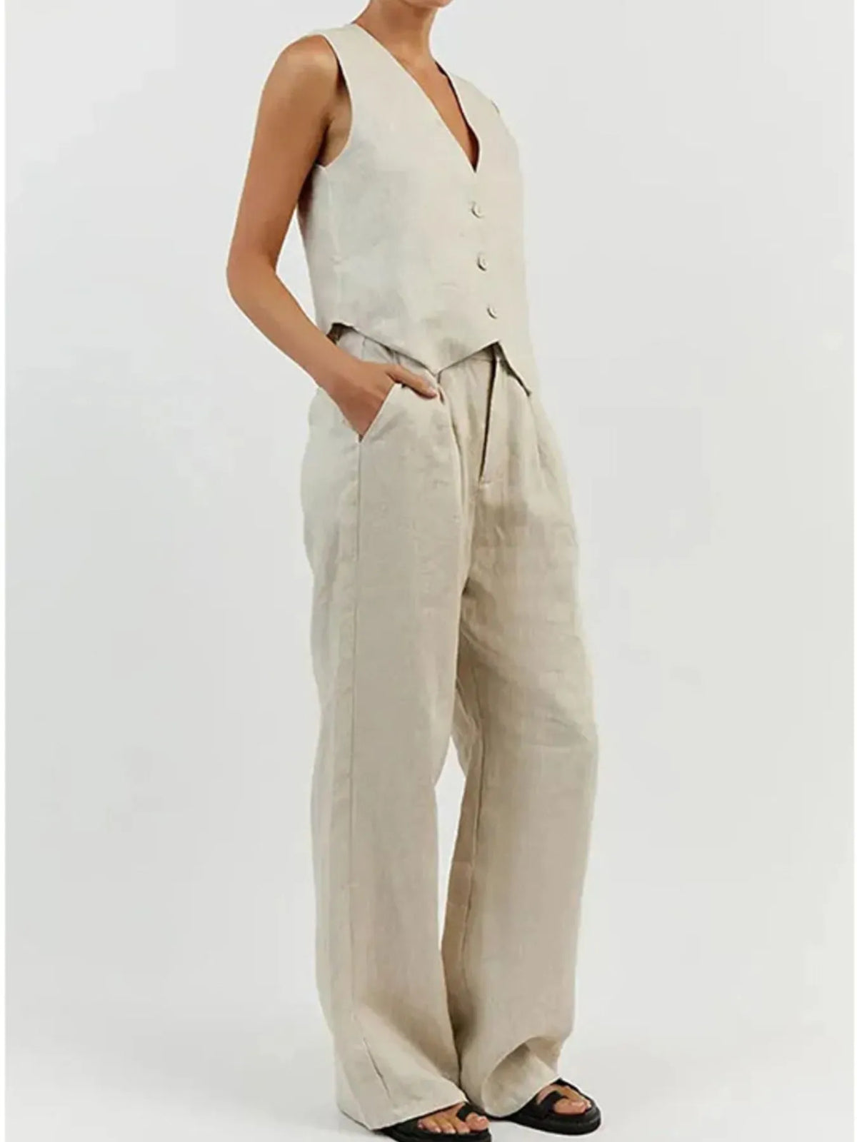 Full Size V-neck Vest Wide Leg Pants Set Plus (4)