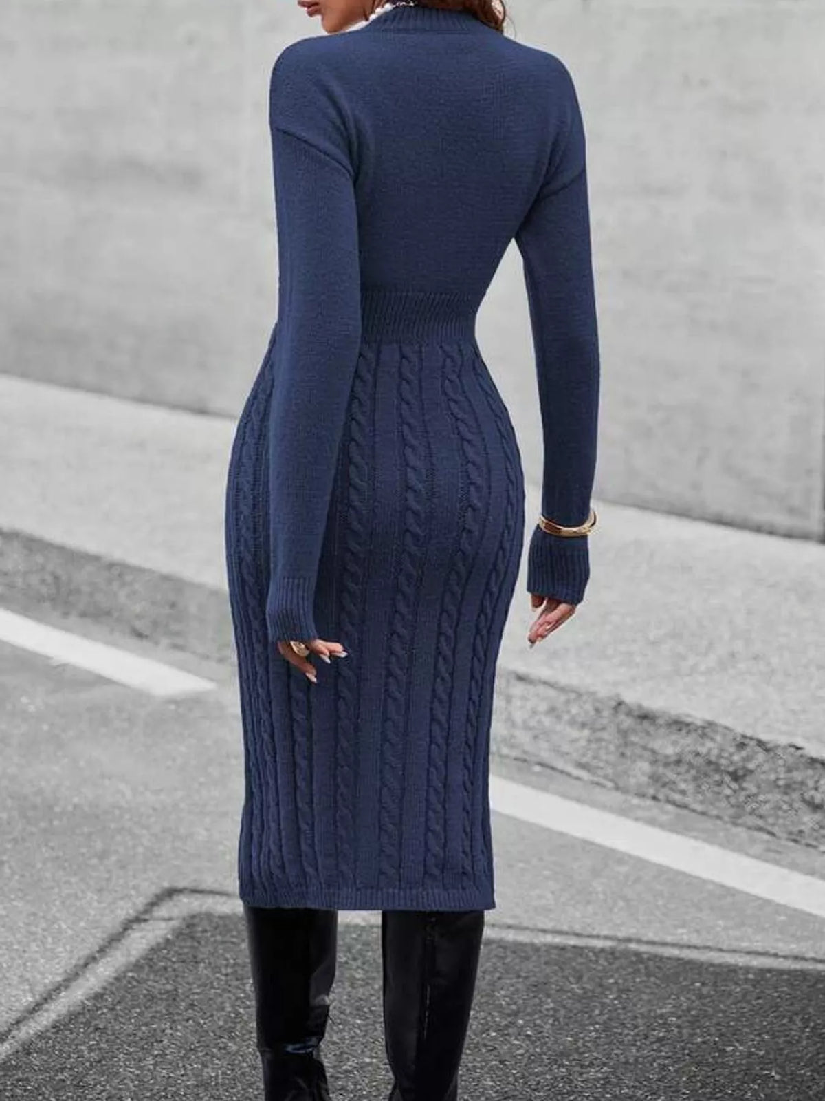 Full Size Mock Neck Cable Knit Sweater Dress Front Slit Plus (52)