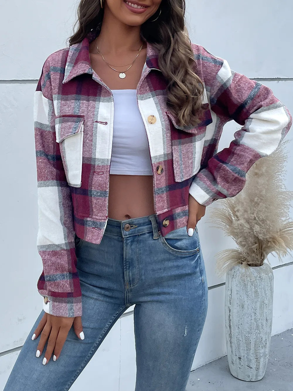 Plaid Button Up Drop Shoulder Cropped Jacket (31)