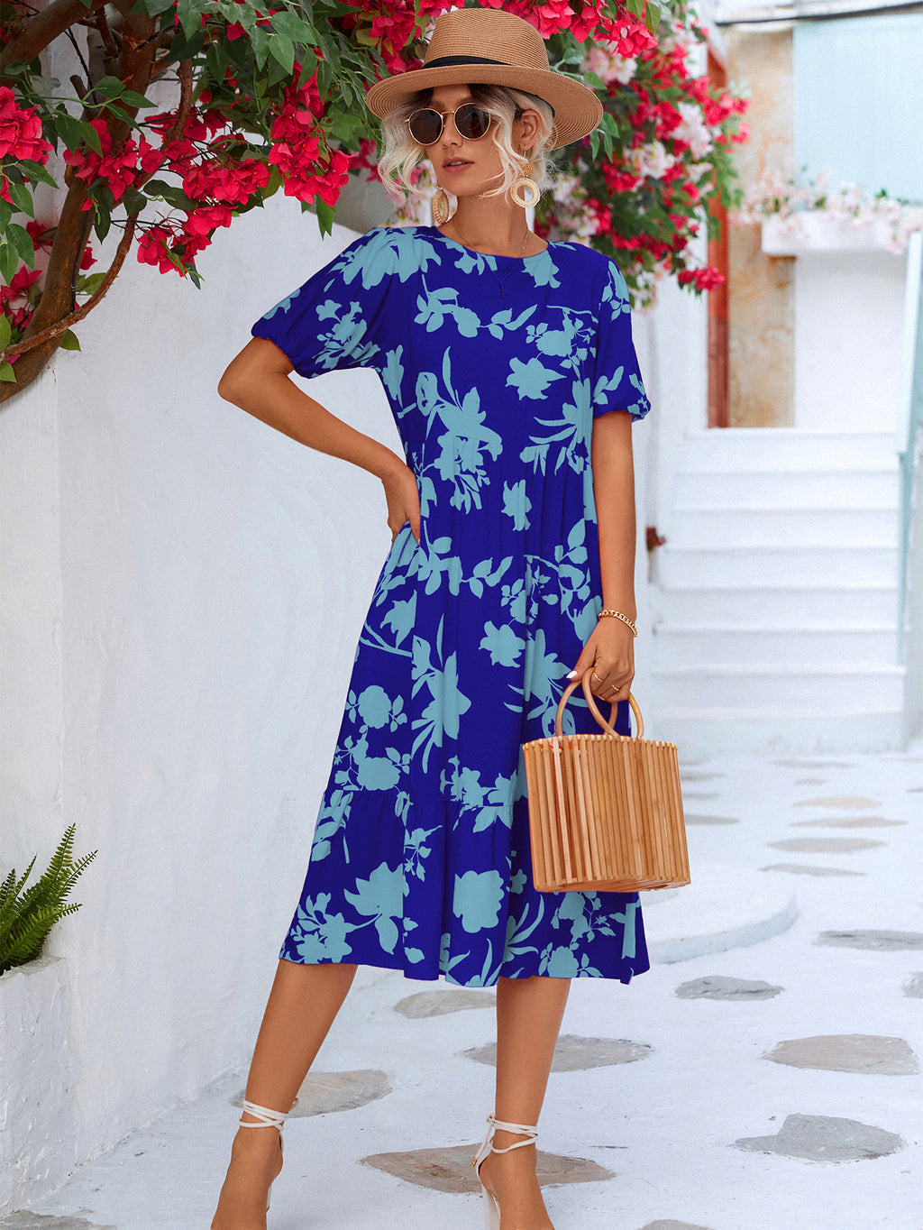 Floral Puff Sleeve Ruffle Hem Midi Dress (12)
