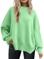 Slit Round Neck Dropped Shoulder Sweater (26)