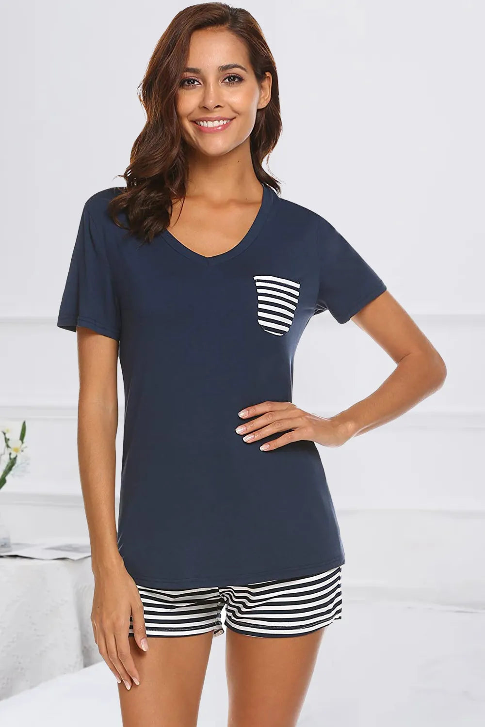 Striped Short Sleeve Top Shorts Lounge Set