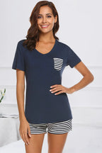 Striped Short Sleeve Top Shorts Lounge Set