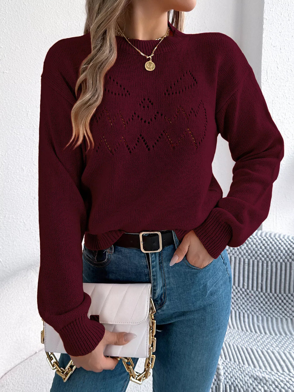 Openwork Round Neck Long Sleeve Sweater (10)