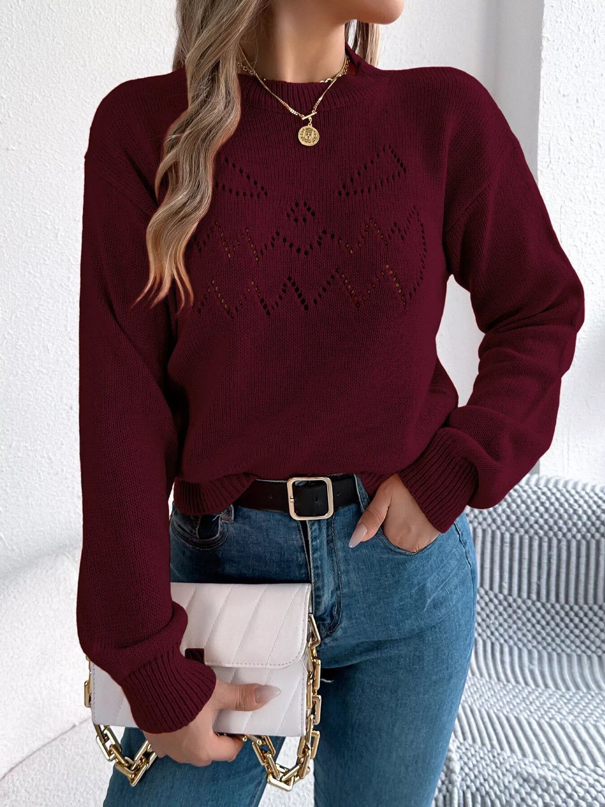 Openwork Round Neck Long Sleeve Sweater (10)