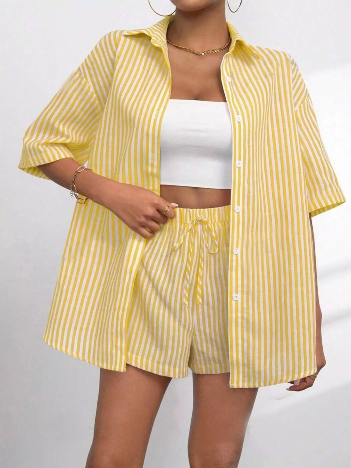 Striped Button Up Shirt Shorts Casual Set (9)
