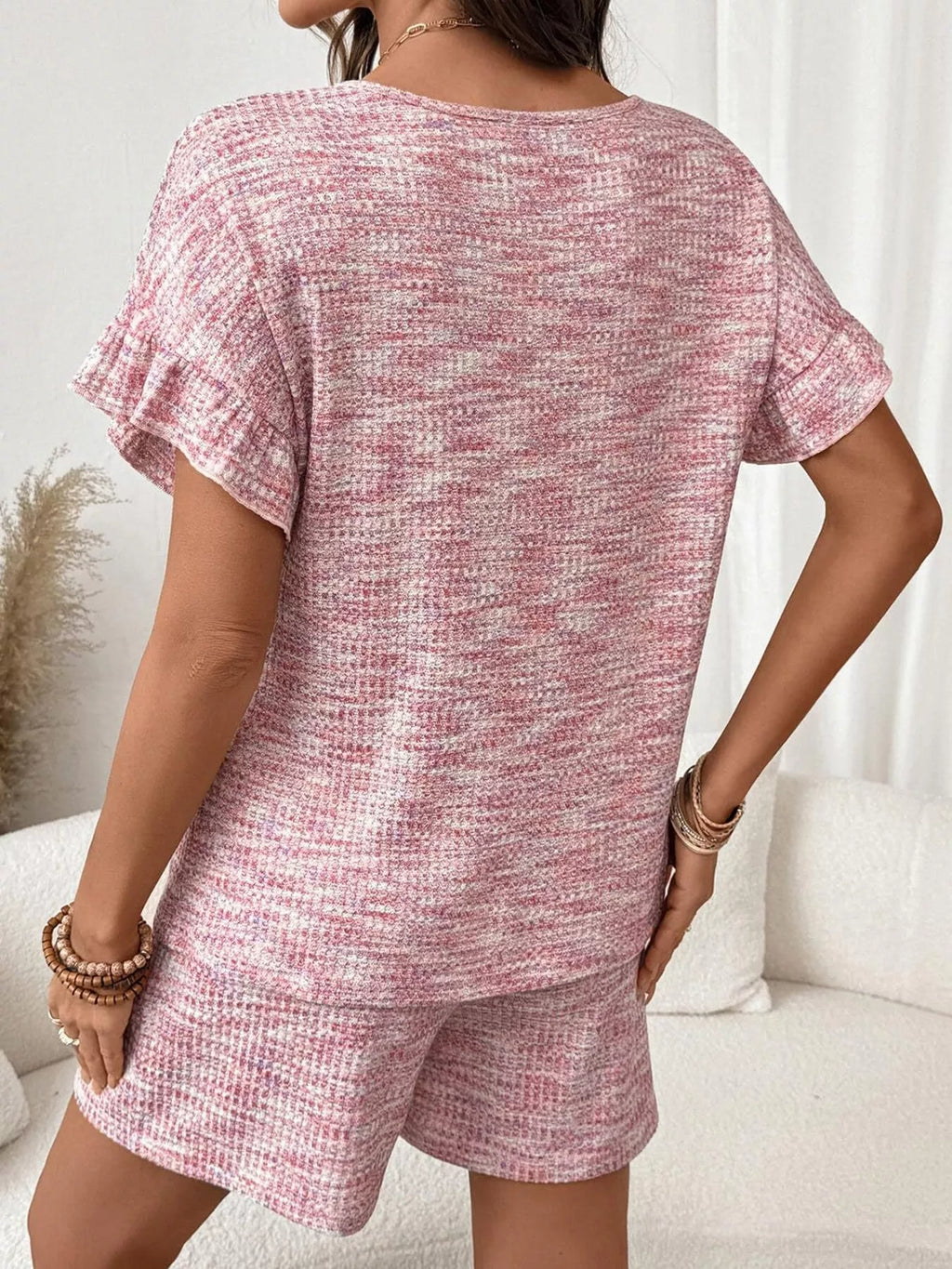 Ruffle Sleeve Textured Top Shorts Set (4)