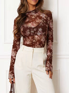 Floral Print Sheer Mesh Long Sleeve Mock Neck Top (16)