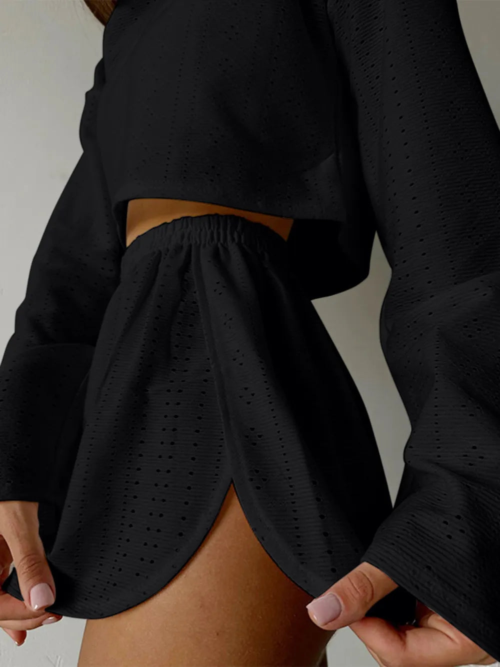 Eyelet Round Neck Top Shorts Set (6)