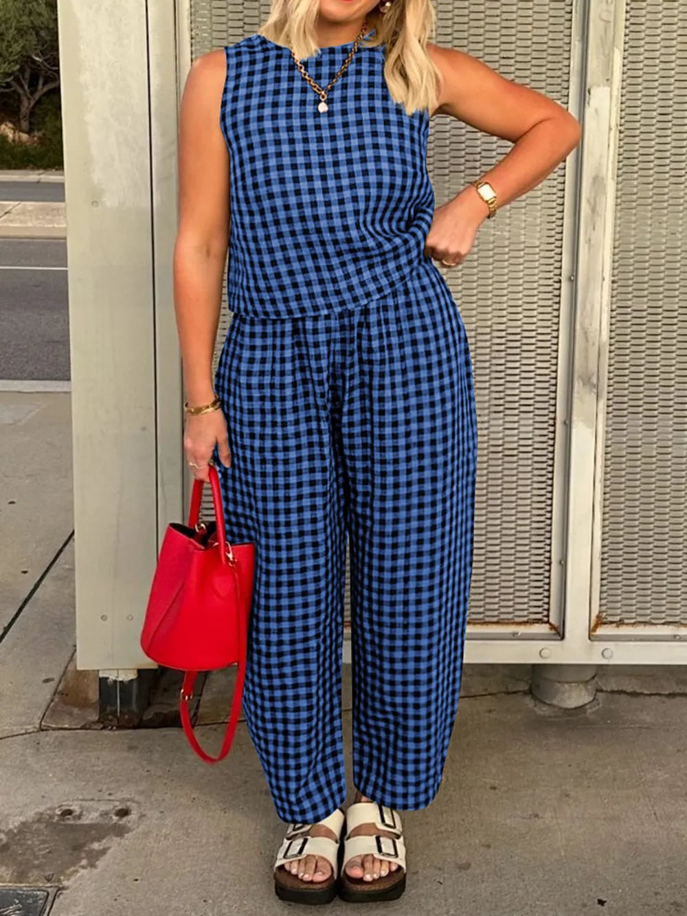 Plaid Round Neck Sleeveless Top Pants Set (12)