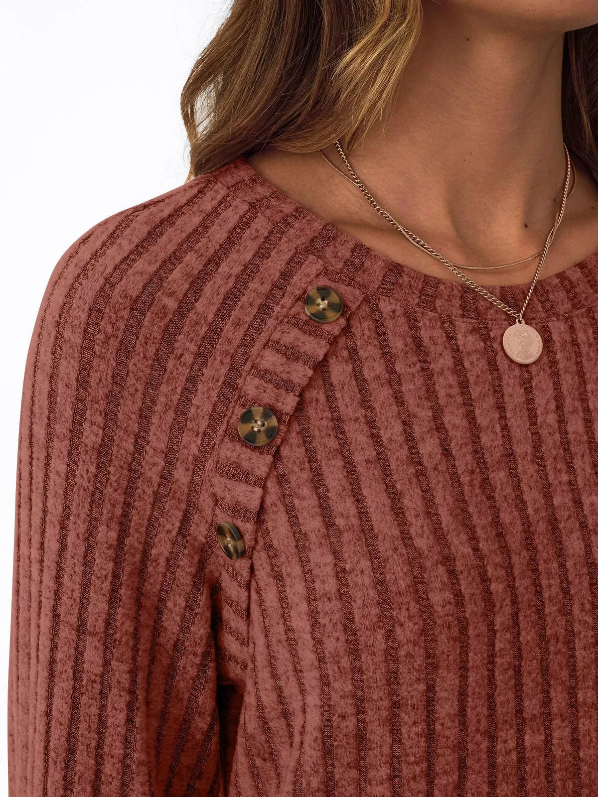 Ribbed Knit Decor Button Long Sleeve T-shirt (25)