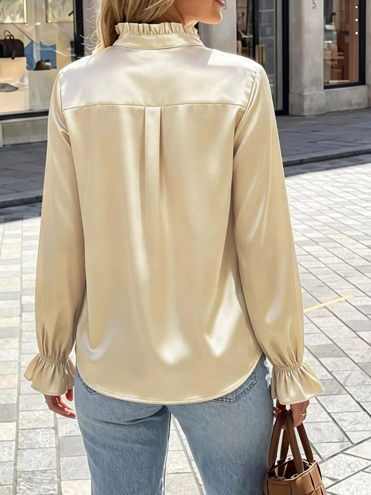 Elegant Button Down Ruffle Trim Satin Shirt (6)