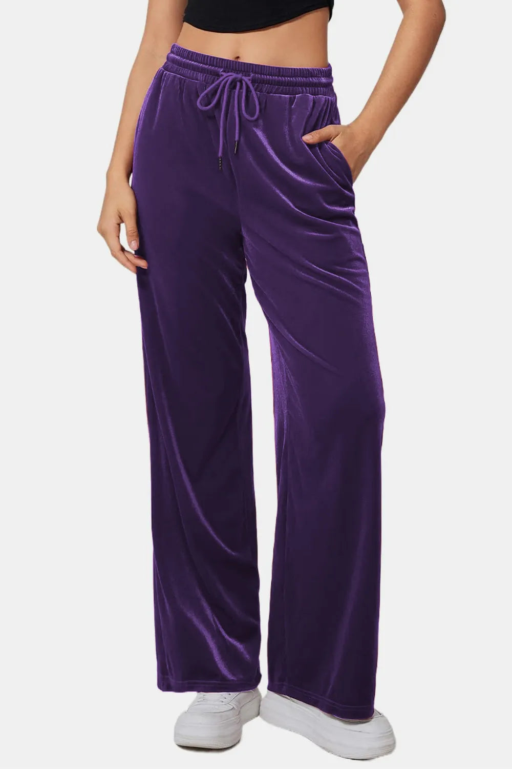 Drawstring Elastic Waist Straight Leg Pants (17)