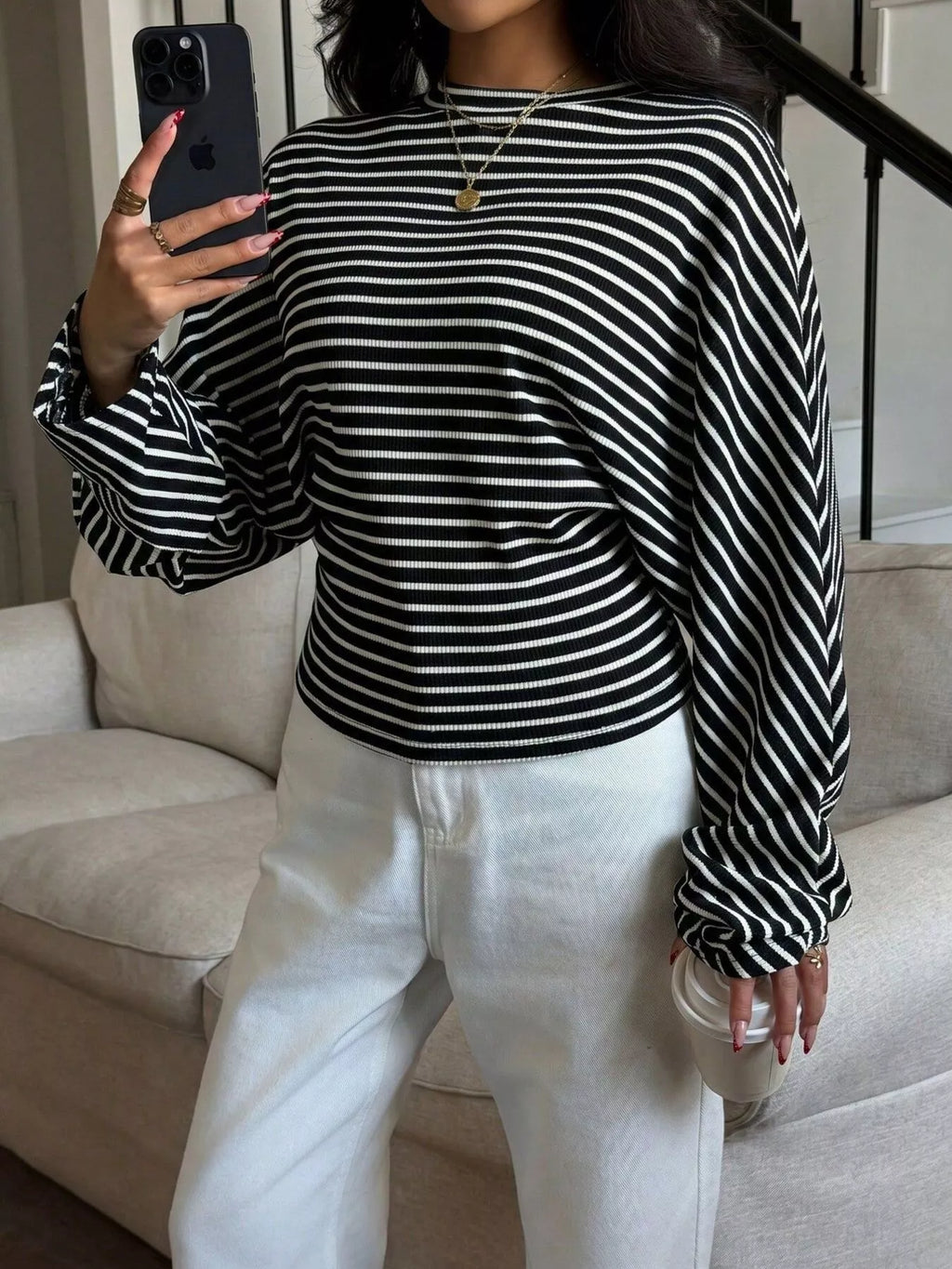 Casual Striped Batwing Sleeve T-shirt (9)