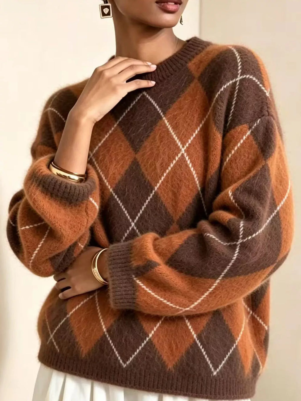 Argyle Pattern Fuzzy Knit Sweater
