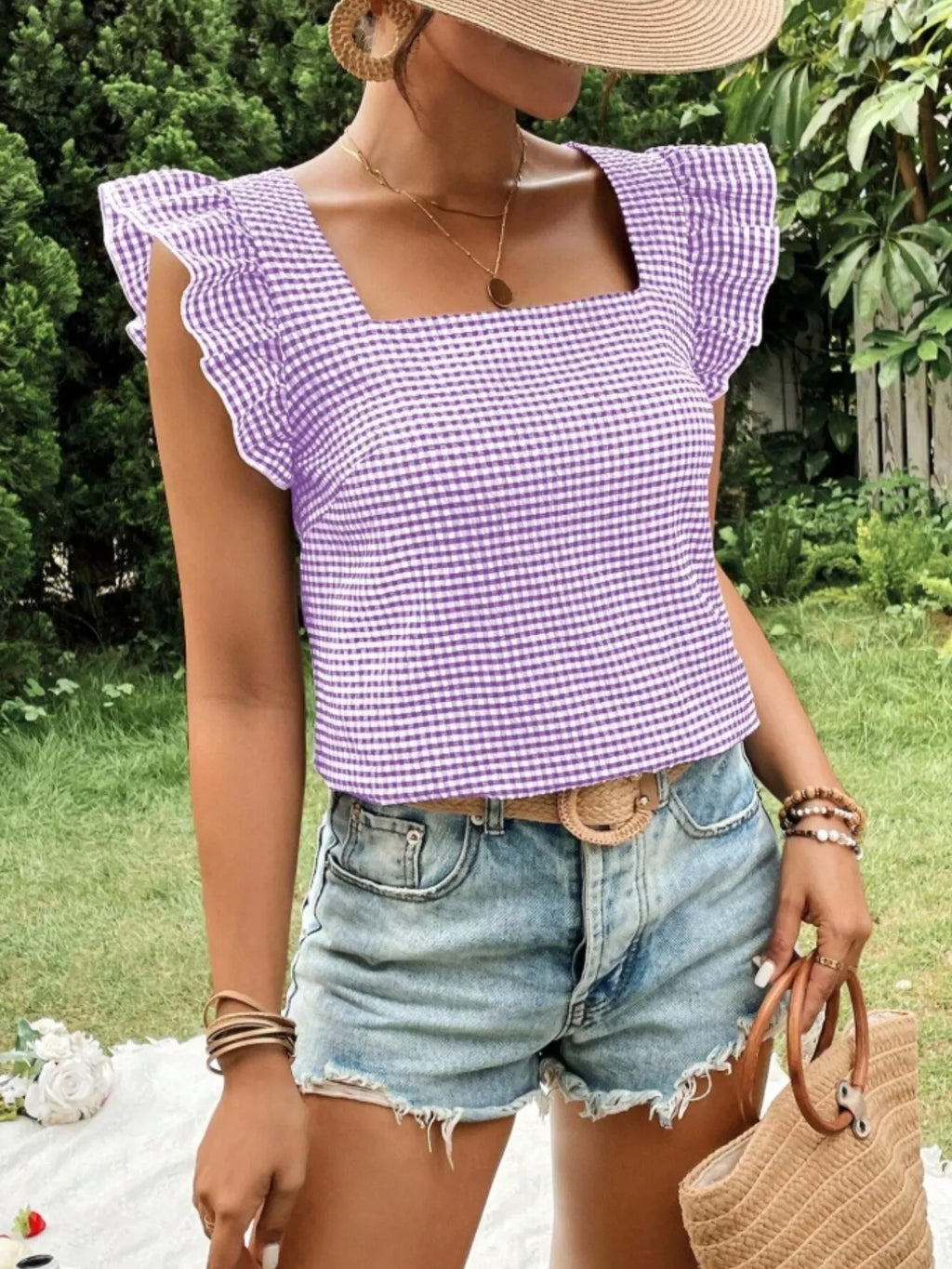 Gingham Ruffle Sleeve Square Neck Blouse (22)