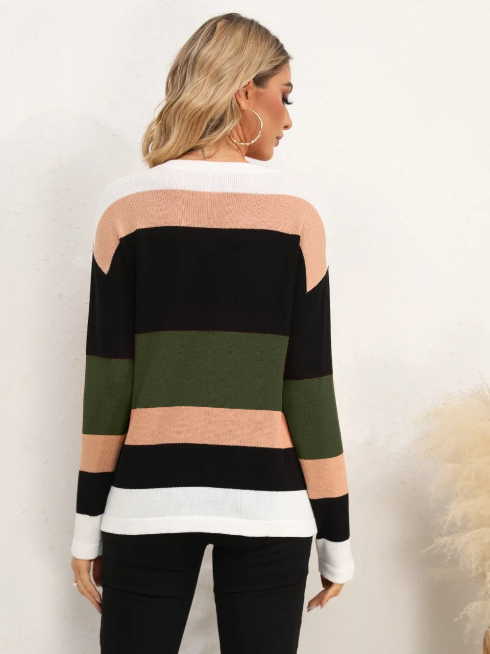 Striped Round Neck Dropped Shoulder Sweater (26)