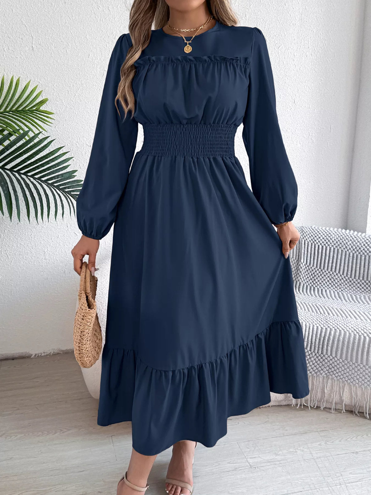 Round Neck Balloon Sleeve Tiered Dress (21)