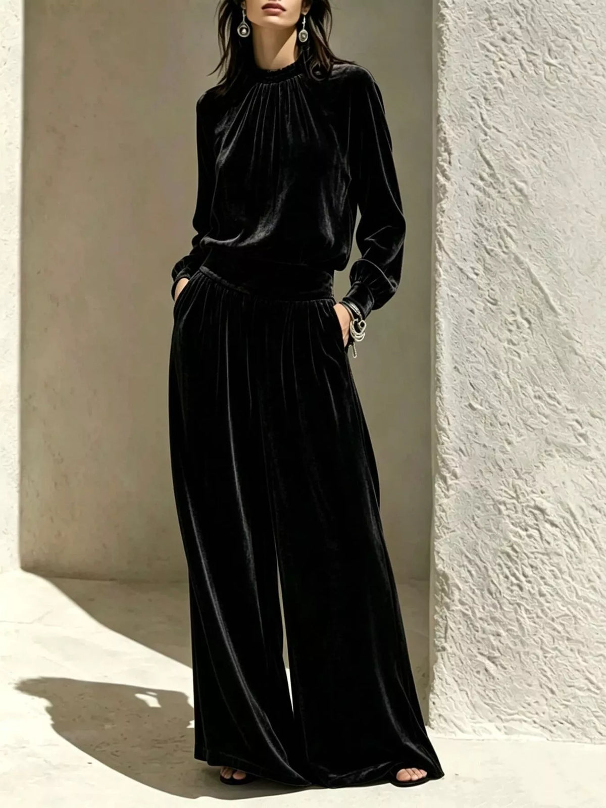 Velvet Mock Neck Long Sleeve Top Wide-leg Pants Set (10)